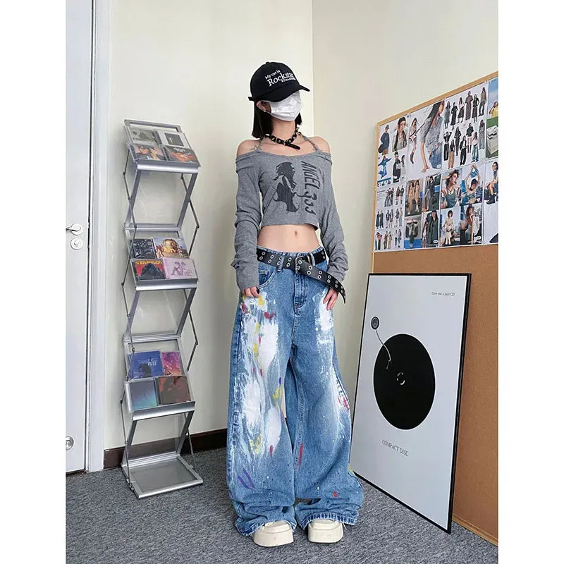 Aiertu Women's Blue Baggy Jeans Vintage Streetwear High Waist Oversize Cowboy Pants Harajuku Aesthetic Wide Denim Trousers Y2k Clothes