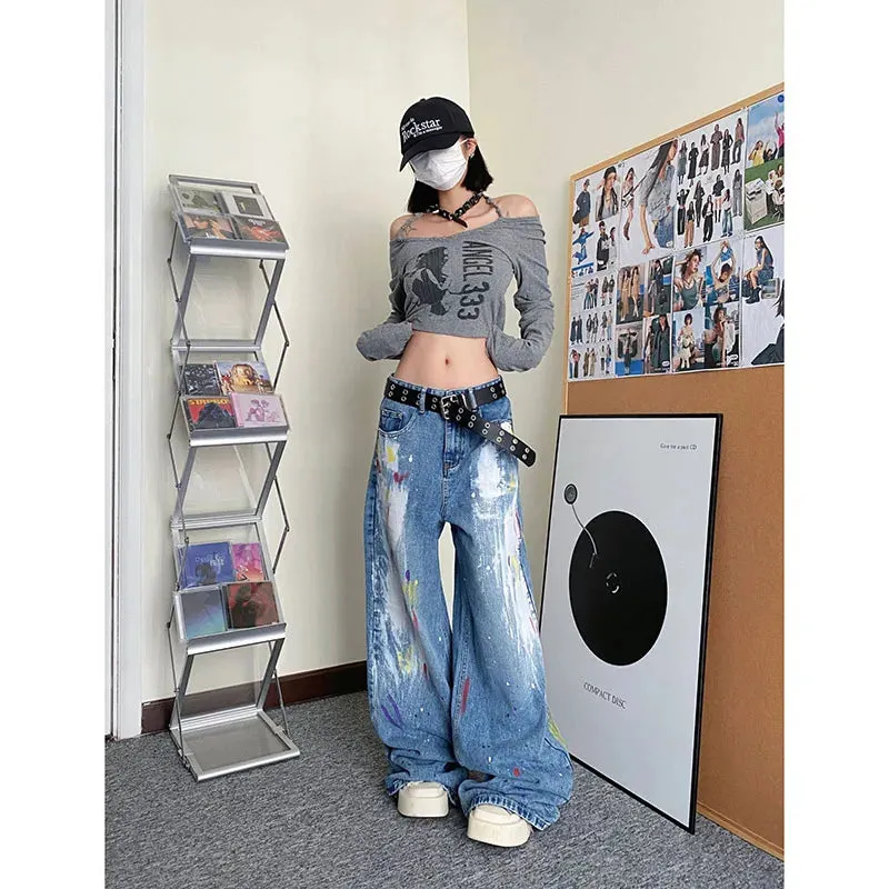 Aiertu Women's Blue Baggy Jeans Vintage Streetwear High Waist Oversize Cowboy Pants Harajuku Aesthetic Wide Denim Trousers Y2k Clothes