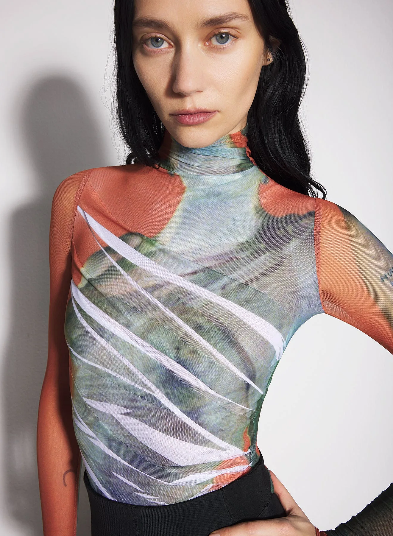 Archive overprinted mesh bodysuit