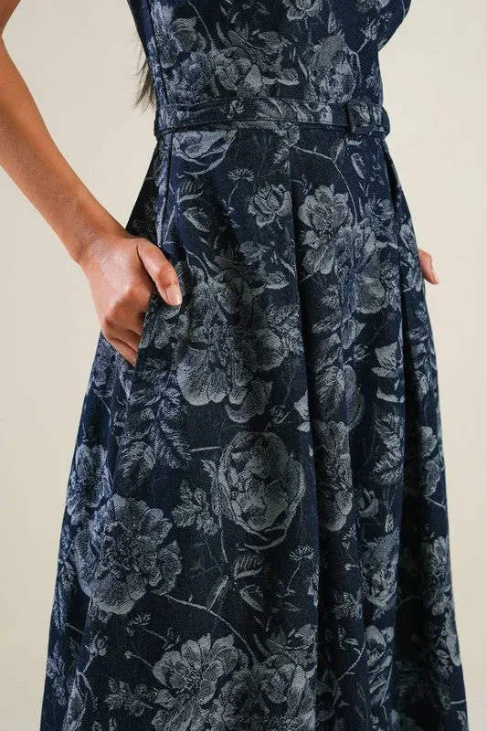 Aurora Sleeveless Floral Print Belted Denim Midi Dress Blue