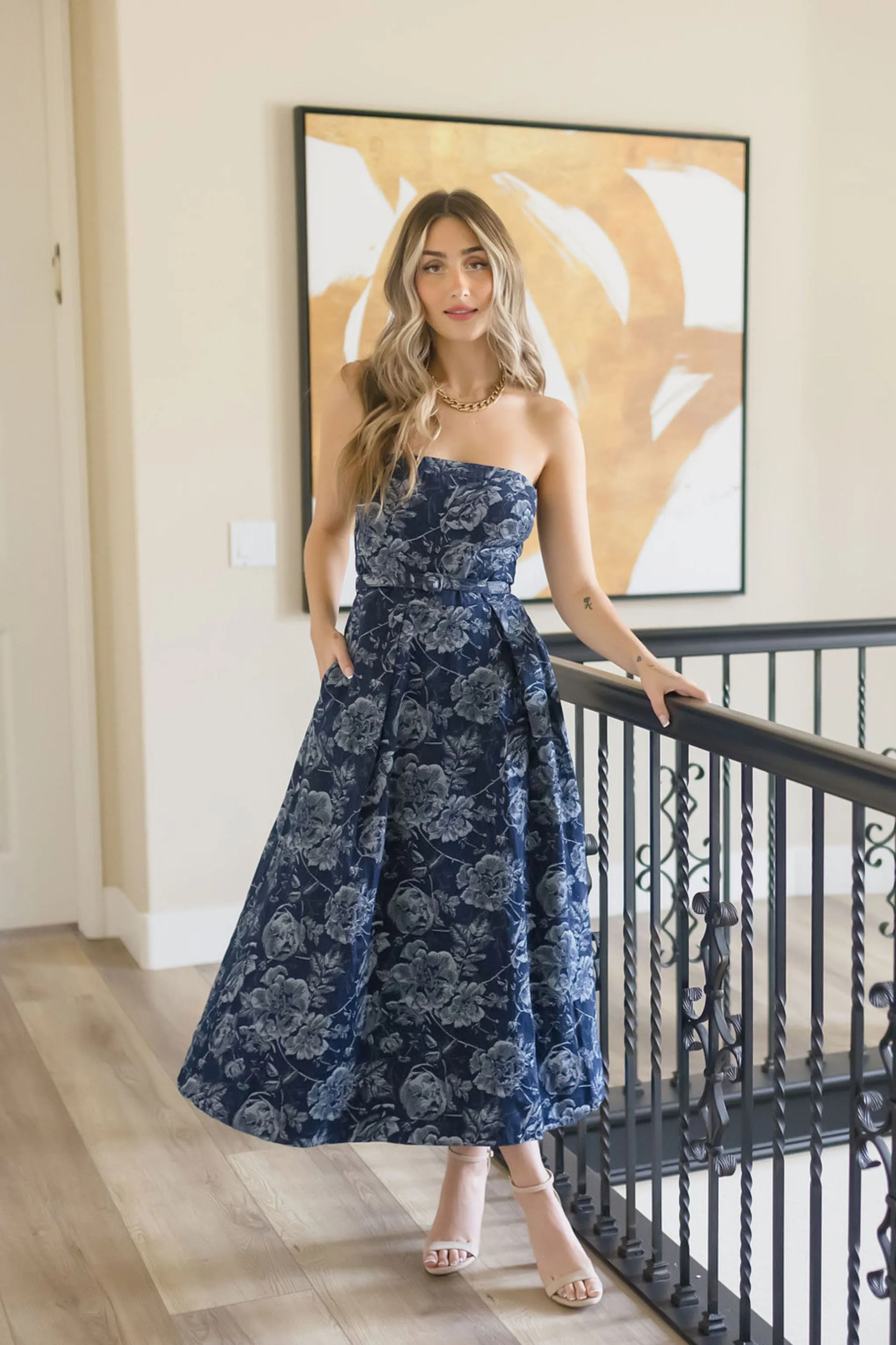 Aurora Sleeveless Floral Print Belted Denim Midi Dress Blue