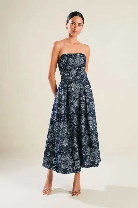 Aurora Sleeveless Floral Print Belted Denim Midi Dress Blue