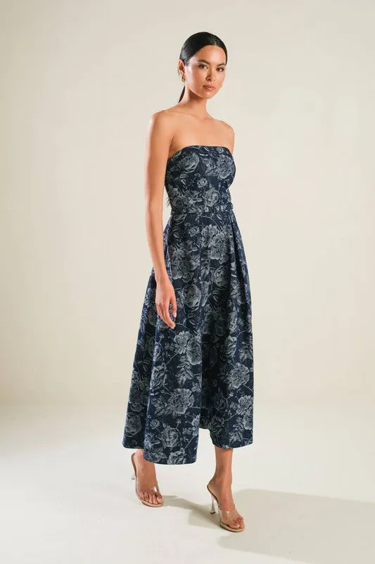 Aurora Sleeveless Floral Print Belted Denim Midi Dress Blue