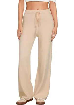 Beige Women's Full-Length Wide Leg Stretch Casual Pants Elastic Waist Relaxed Fit