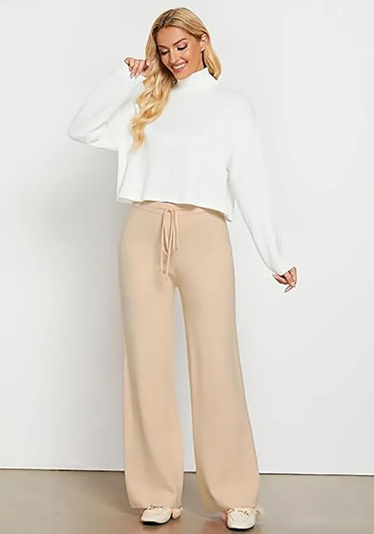 Beige Women's Full-Length Wide Leg Stretch Casual Pants Elastic Waist Relaxed Fit