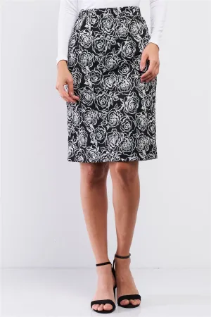 Black And White Rose Print High Waisted Pencil Skirt / 1-2-2-1