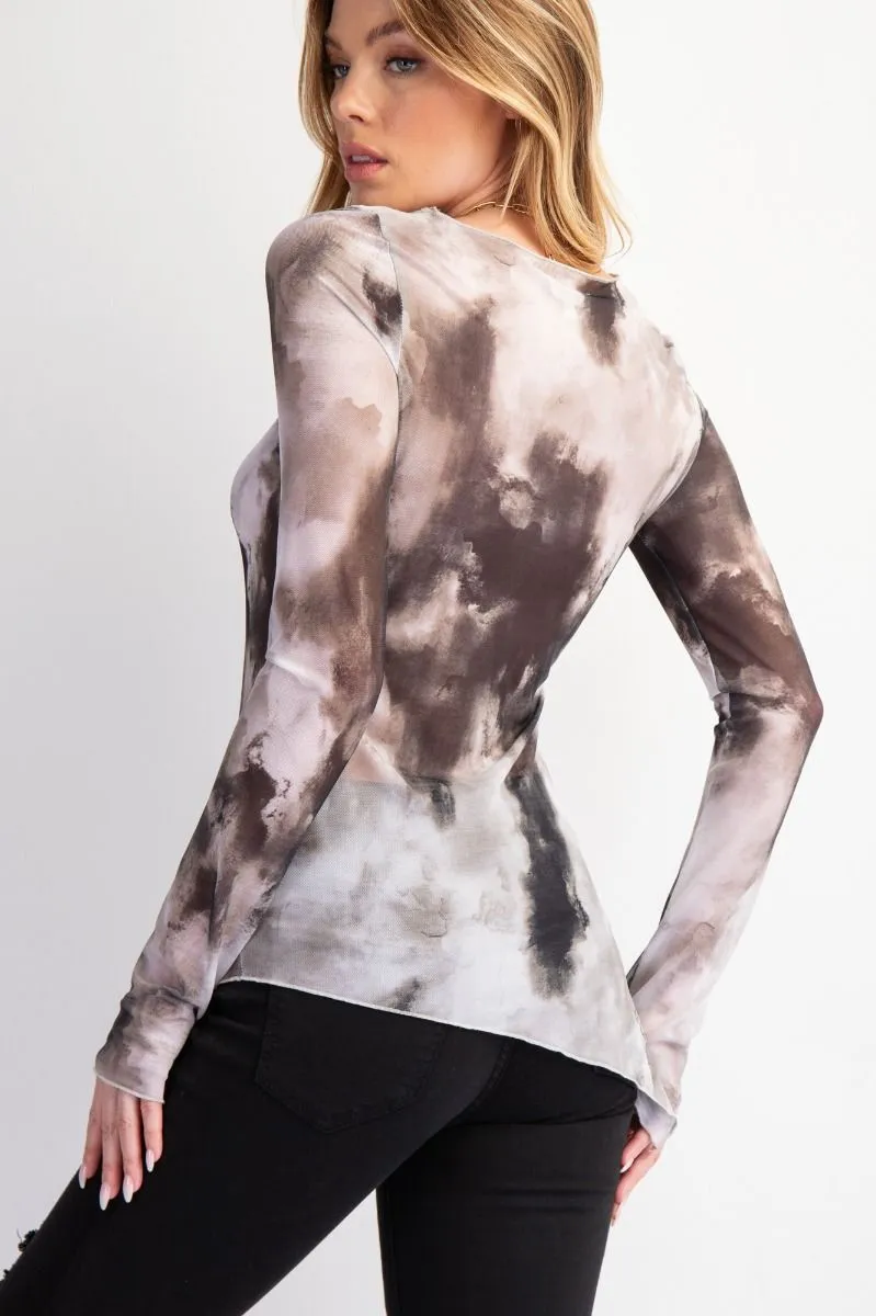 Black Marble Long Sleeve Mesh Layering Top #010