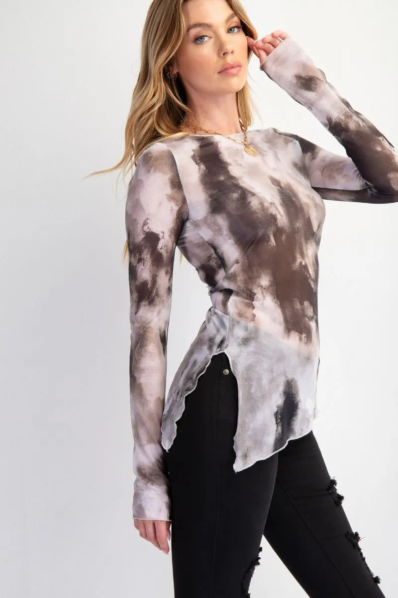 Black Marble Long Sleeve Mesh Layering Top #010