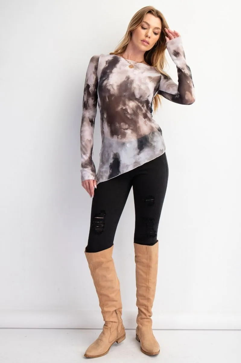 Black Marble Long Sleeve Mesh Layering Top #010