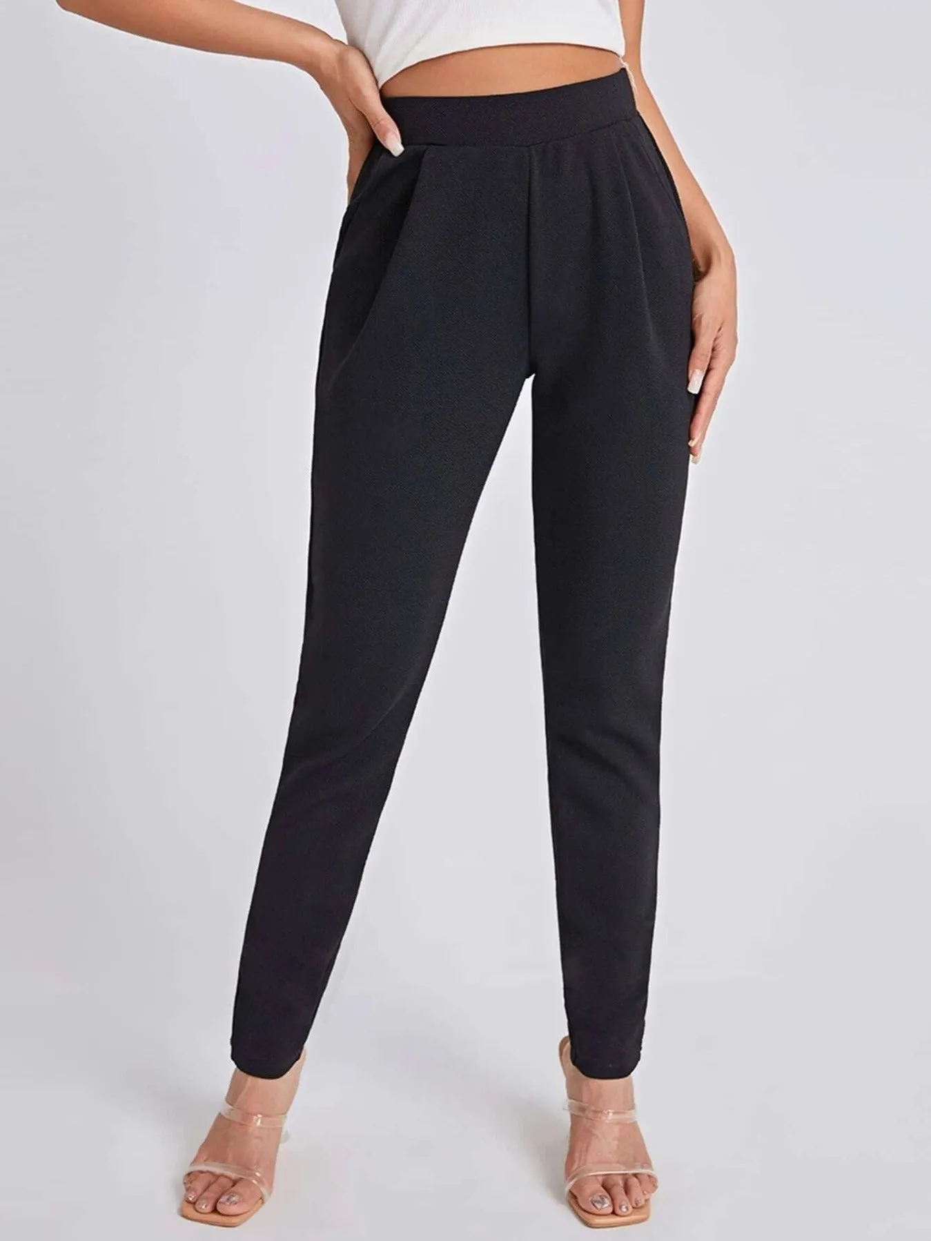 Black Skinny Cigarette High Waist Beltless Semi StretchElegant Bottoms For Work