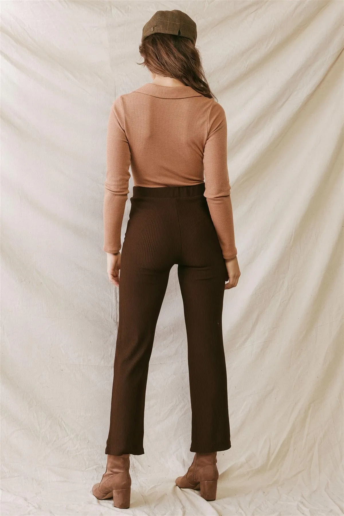 Brown Ribbed High Waist Fitted Pants /2-2-1