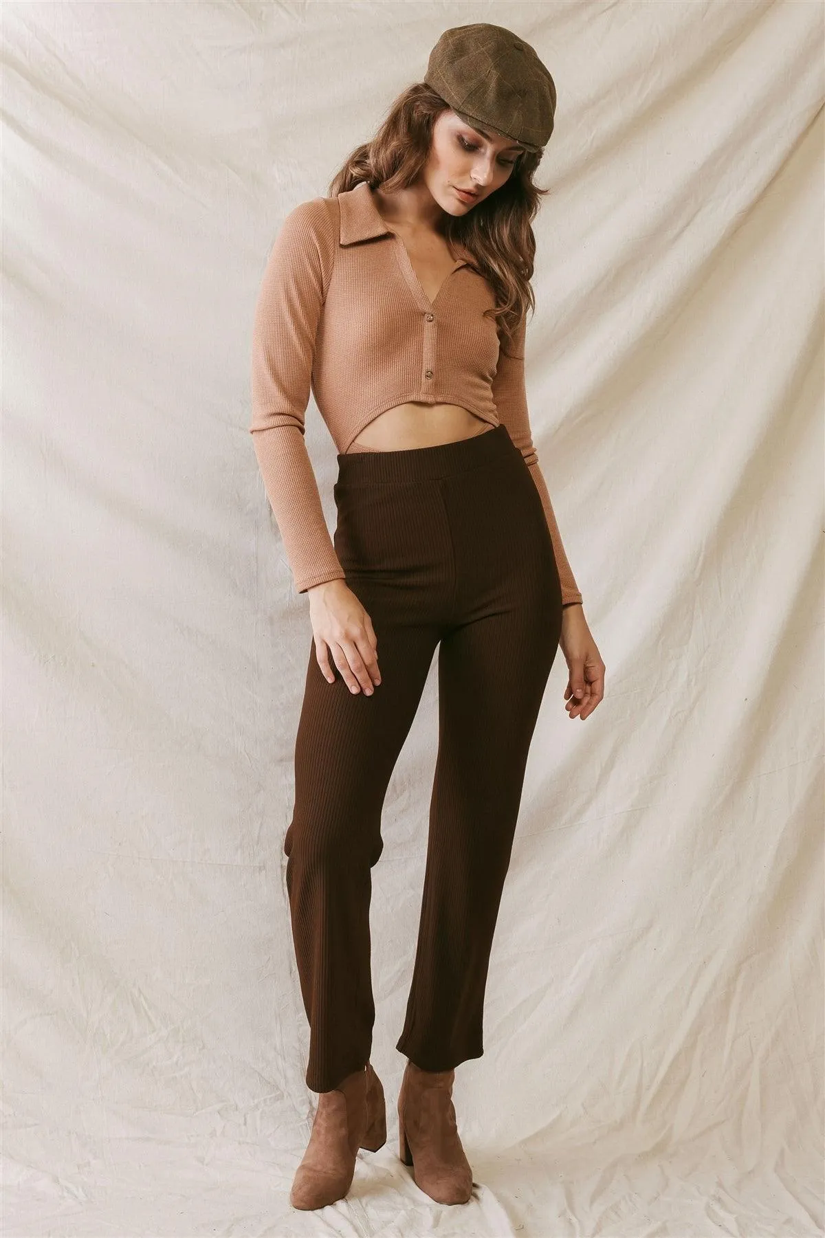 Brown Ribbed High Waist Fitted Pants /2-2-1