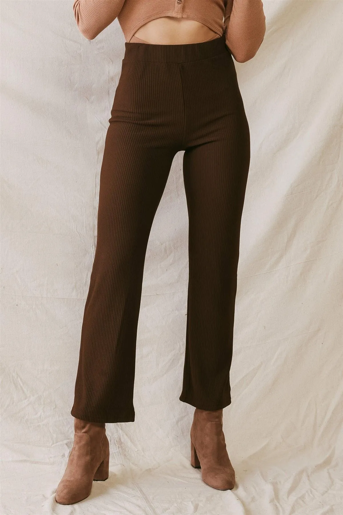 Brown Ribbed High Waist Fitted Pants /2-2-1