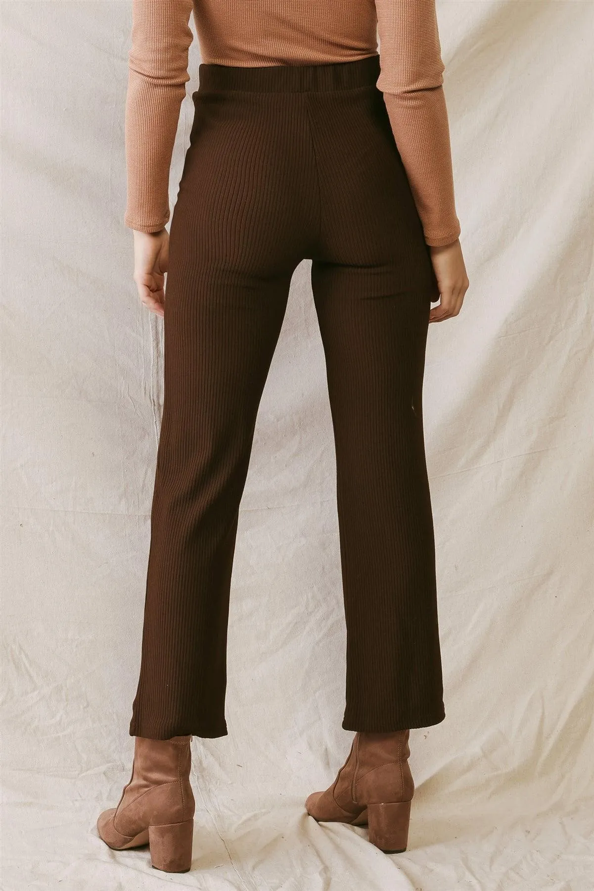 Brown Ribbed High Waist Fitted Pants /2-2-1