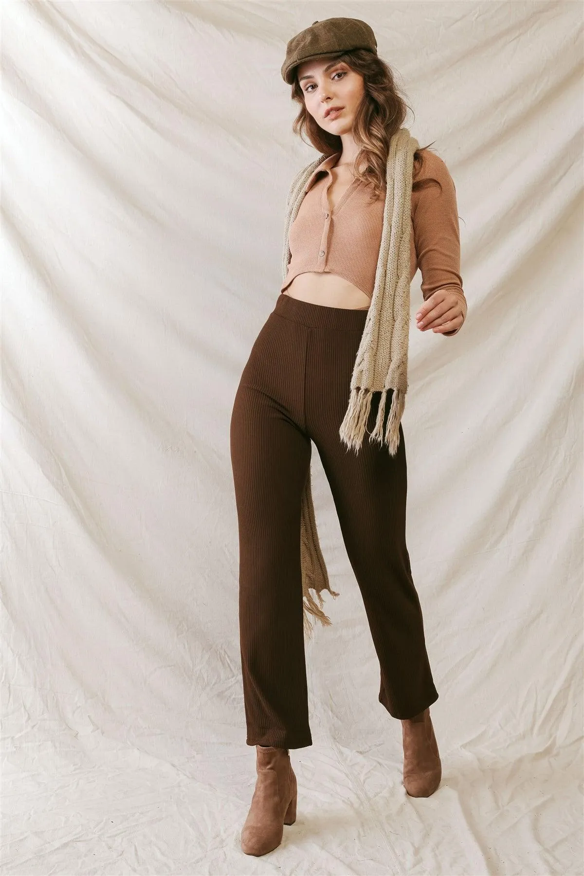 Brown Ribbed High Waist Fitted Pants /2-2-1