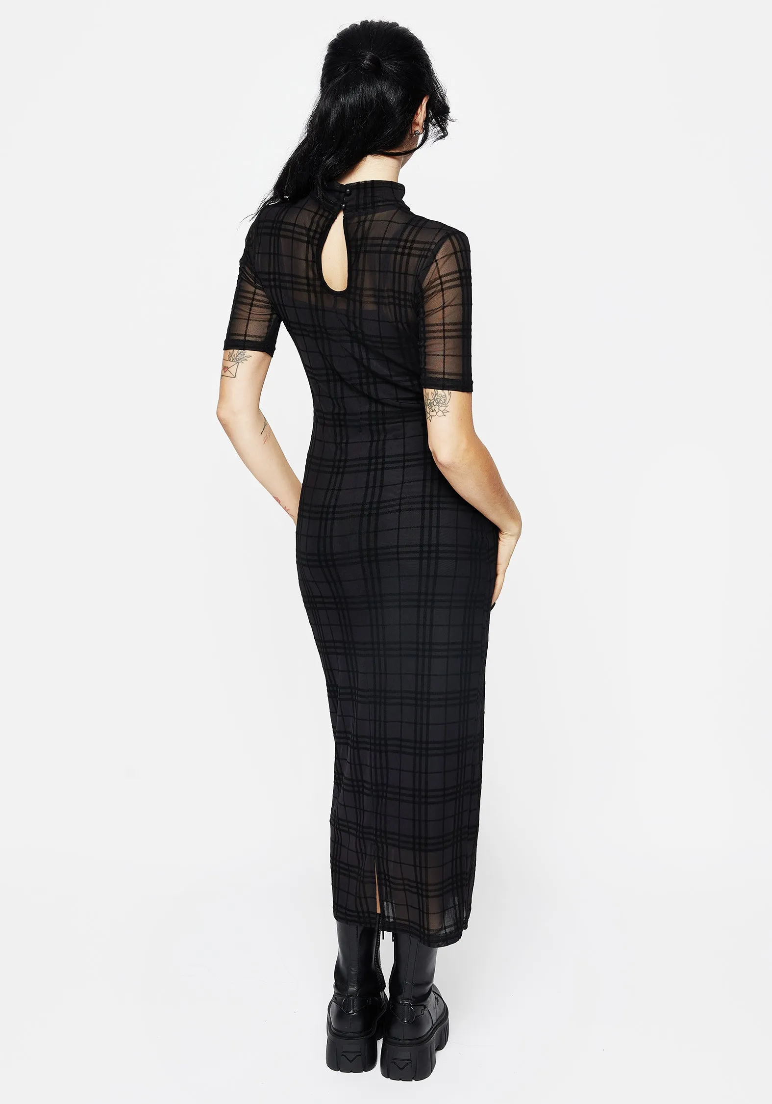 Buffy Flocked Velour Check Mesh Bodycon Midaxi Dress