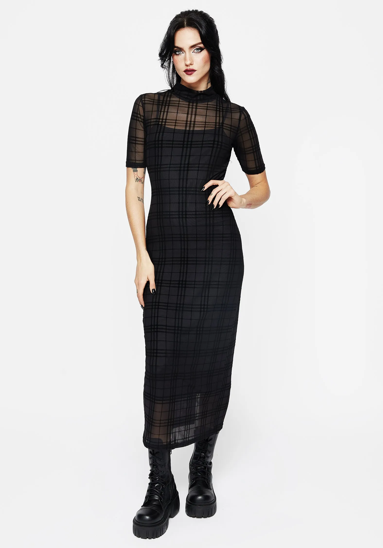 Buffy Flocked Velour Check Mesh Bodycon Midaxi Dress