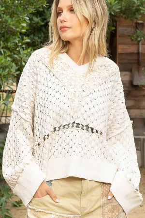 BUTTER CREAM LACE TRIM CHENILLE SWEATER