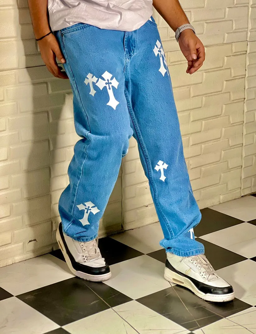 Buy Aesthetic Y2K Cross Printed Straight Fit Baggy Sky Blue Denim Jeans For Men Outfit