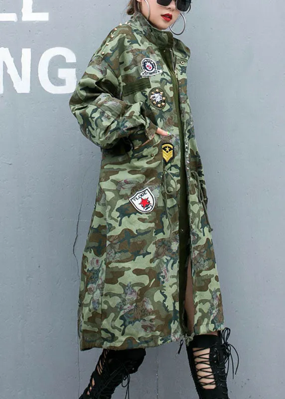 Casual Camouflage Rivet Print Pockets Fall Denim Long Sleeve Trench coats Coat