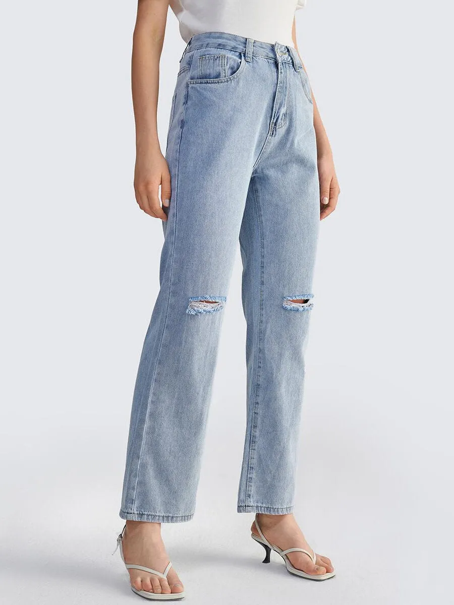 Casual Ripped Washed Straight Leg Jeans