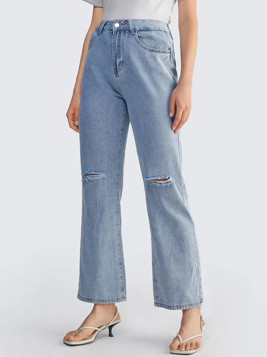 Casual Ripped Washed Straight Leg Jeans