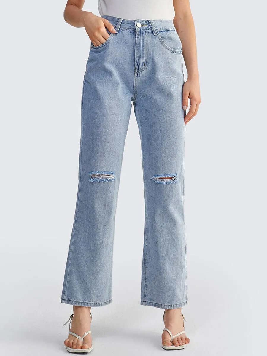 Casual Ripped Washed Straight Leg Jeans