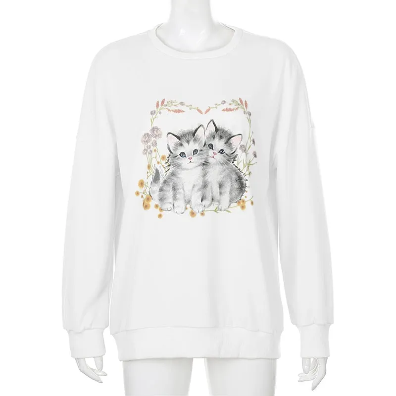 Cat Print Cute White Oversized Autumn Cute Long Sleeve Sweat Shirt Casual Loose Pullover Streetwear Sweatshirt