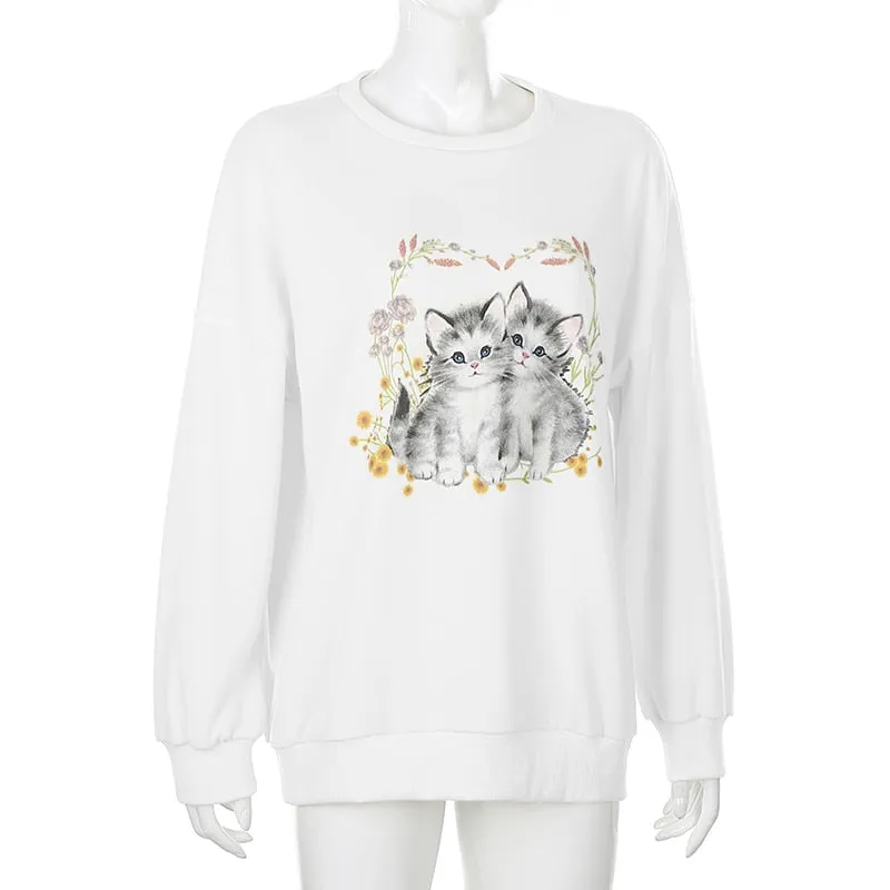 Cat Print Cute White Oversized Autumn Cute Long Sleeve Sweat Shirt Casual Loose Pullover Streetwear Sweatshirt