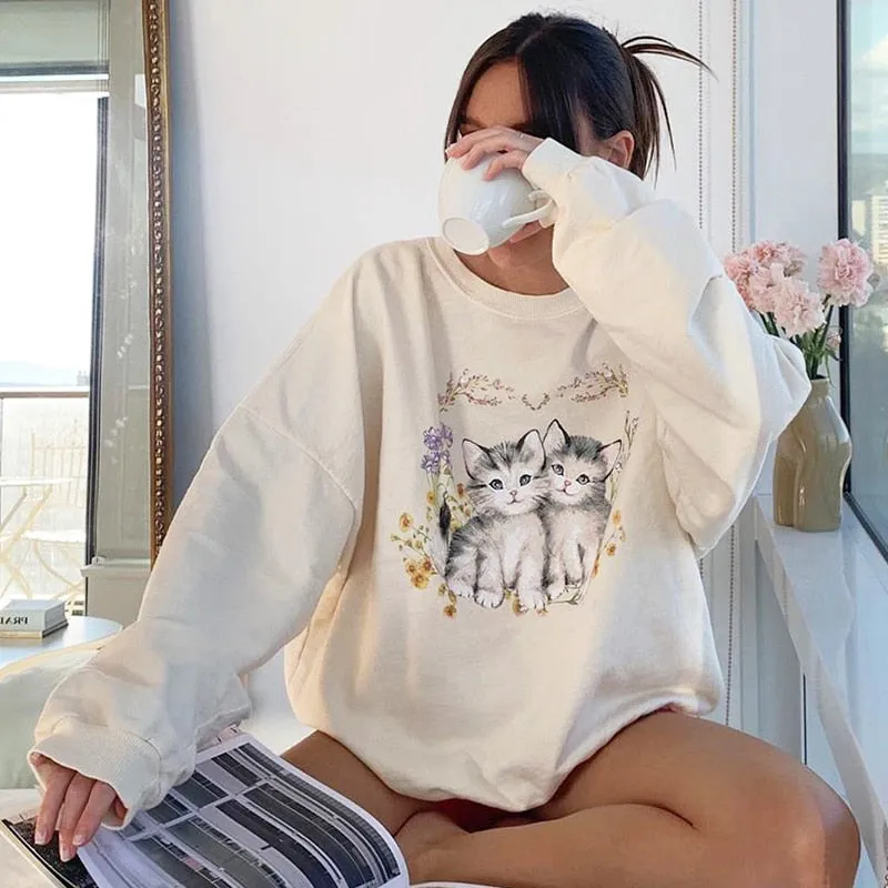 Cat Print Cute White Oversized Autumn Cute Long Sleeve Sweat Shirt Casual Loose Pullover Streetwear Sweatshirt