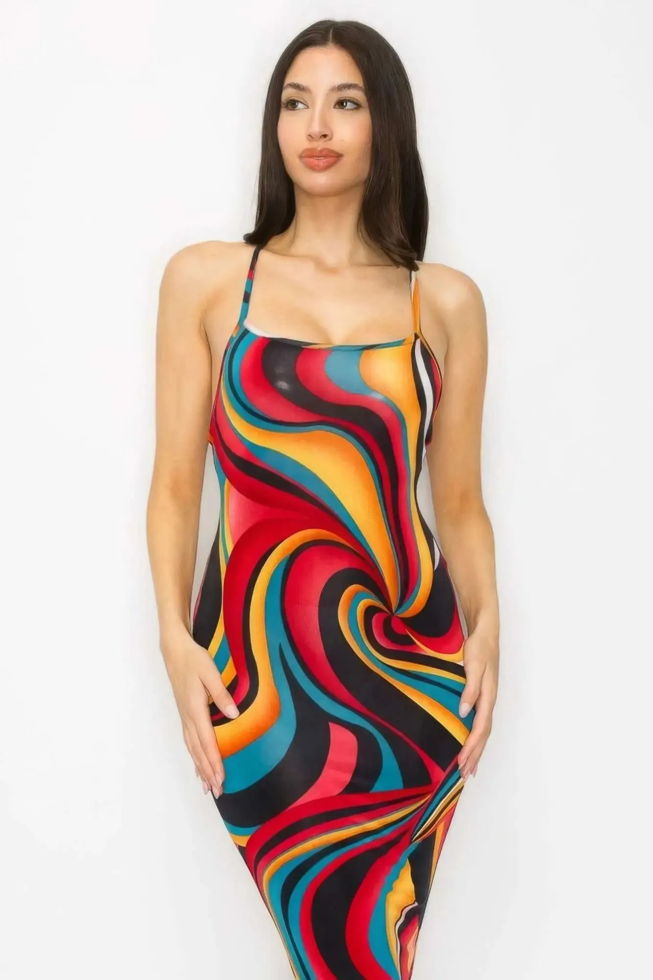 Crossed Back Marble Print Multicolor Midi Dress