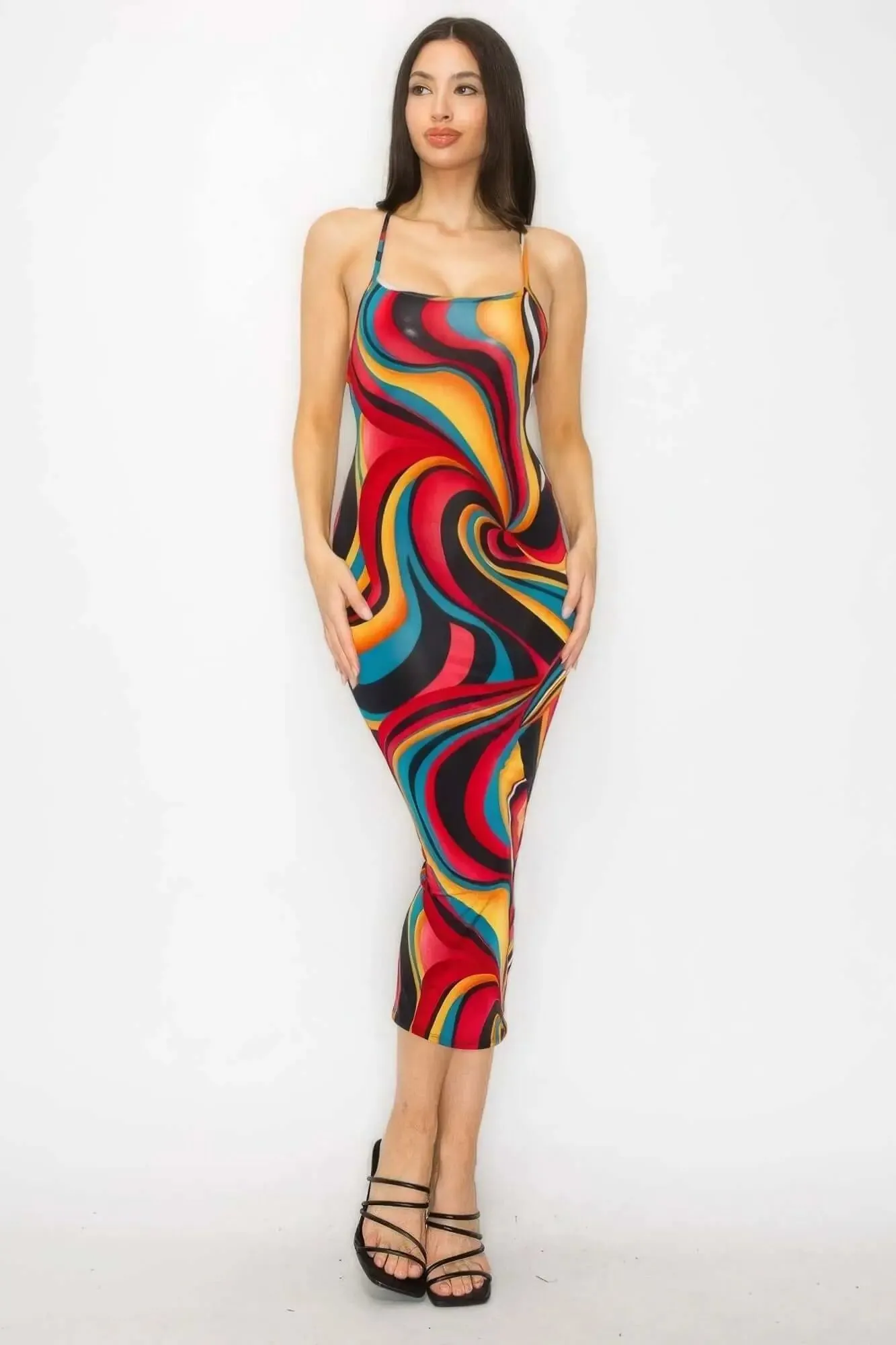 Crossed Back Marble Print Multicolor Midi Dress