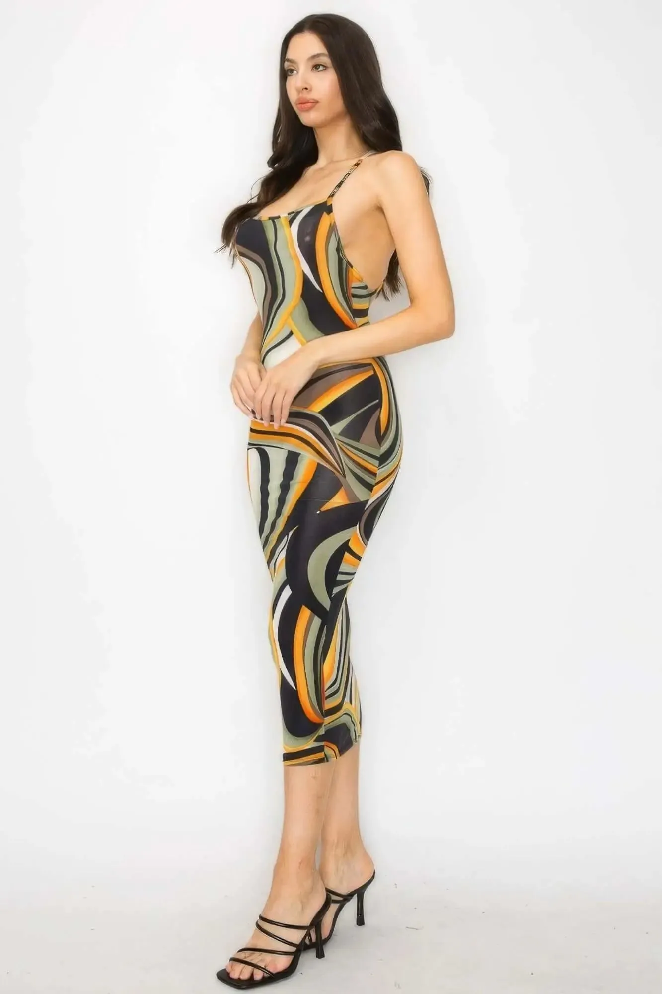 Crossed Back Marble Print Multicolor Midi Dress