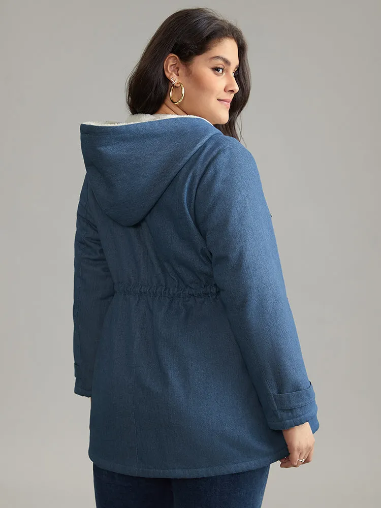 Denim Patchwork Fuzzy Trim Drawstring Hooded Coat