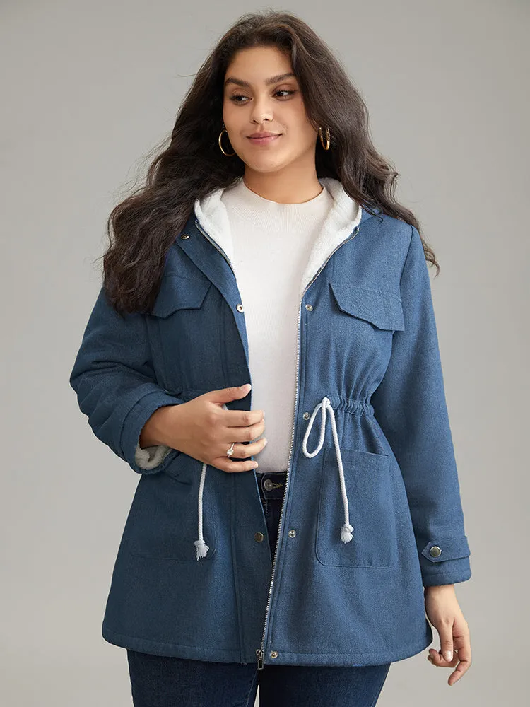 Denim Patchwork Fuzzy Trim Drawstring Hooded Coat