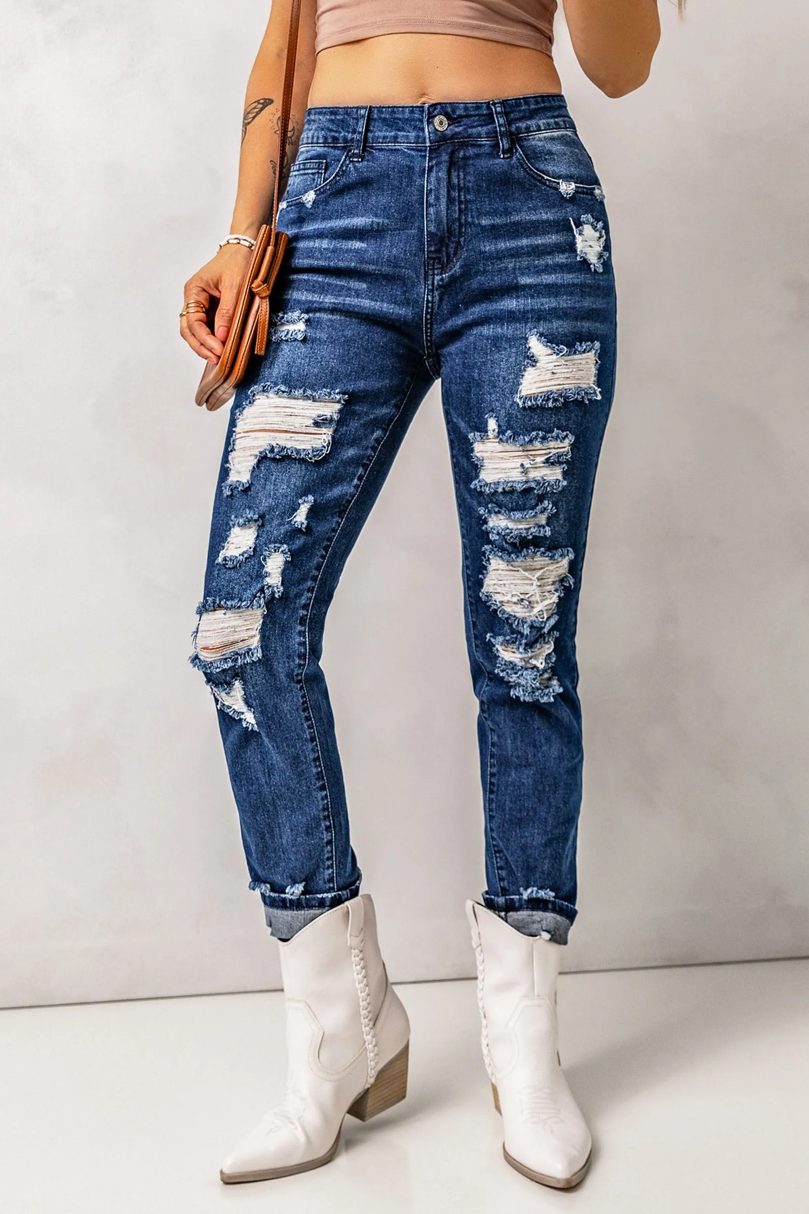 Distressed High Waist Pocket Jeans