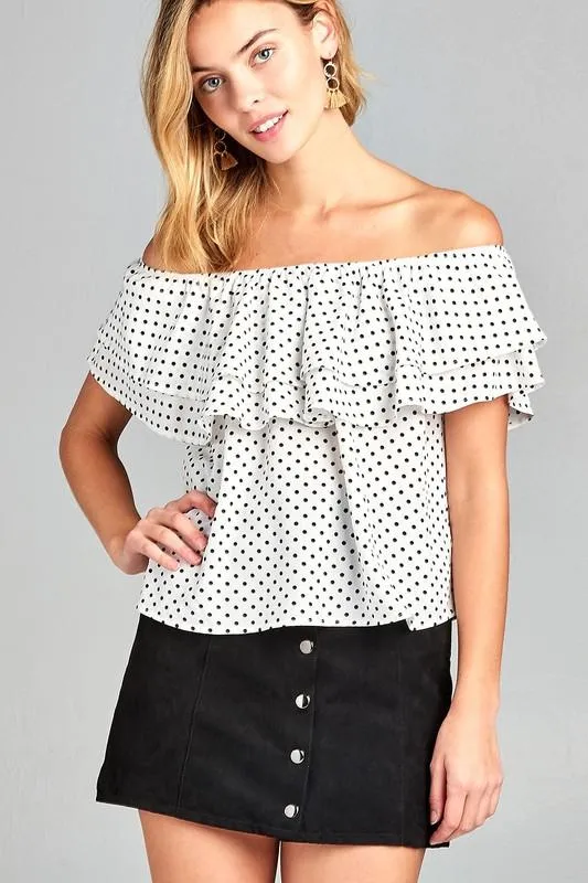 Double Ruffle Off Shoulder Polka Dot Top