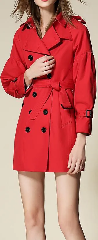 Draped-Shoulder Short Trench Coat, Red