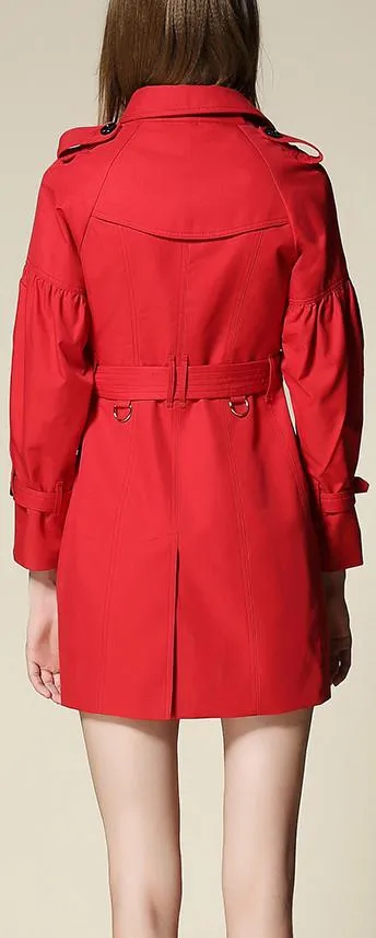 Draped-Shoulder Short Trench Coat, Red