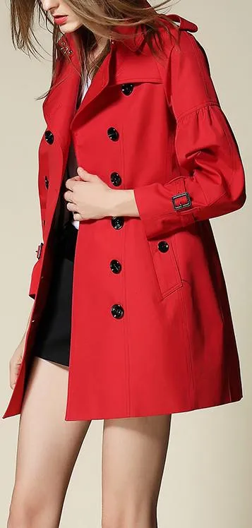 Draped-Shoulder Short Trench Coat, Red