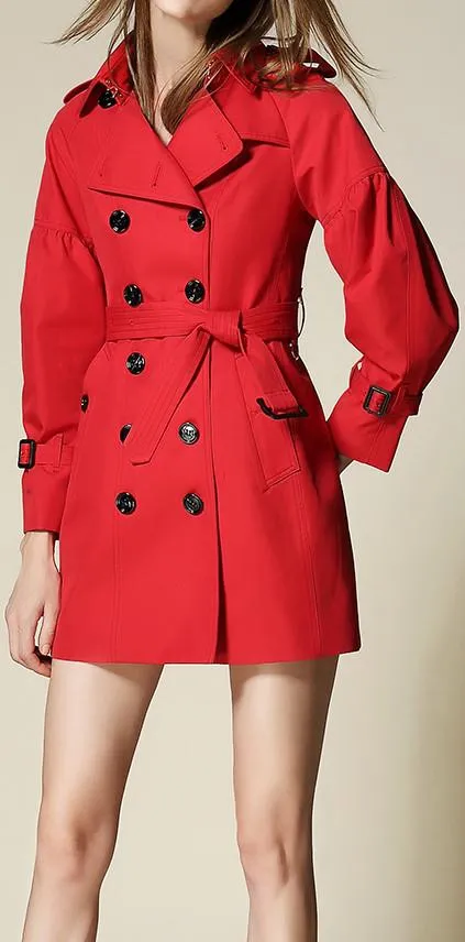 Draped-Shoulder Short Trench Coat, Red