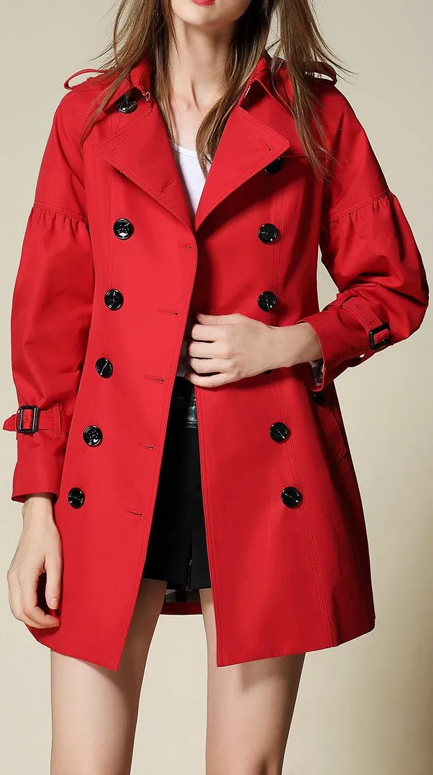 Draped-Shoulder Short Trench Coat, Red