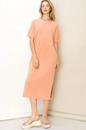 Dusty Clay Take A Stroll Side Slit T-Shirt Midi Dress