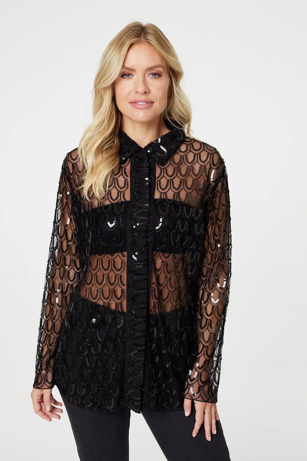 Embellished Long Sleeve Sheer Shirt