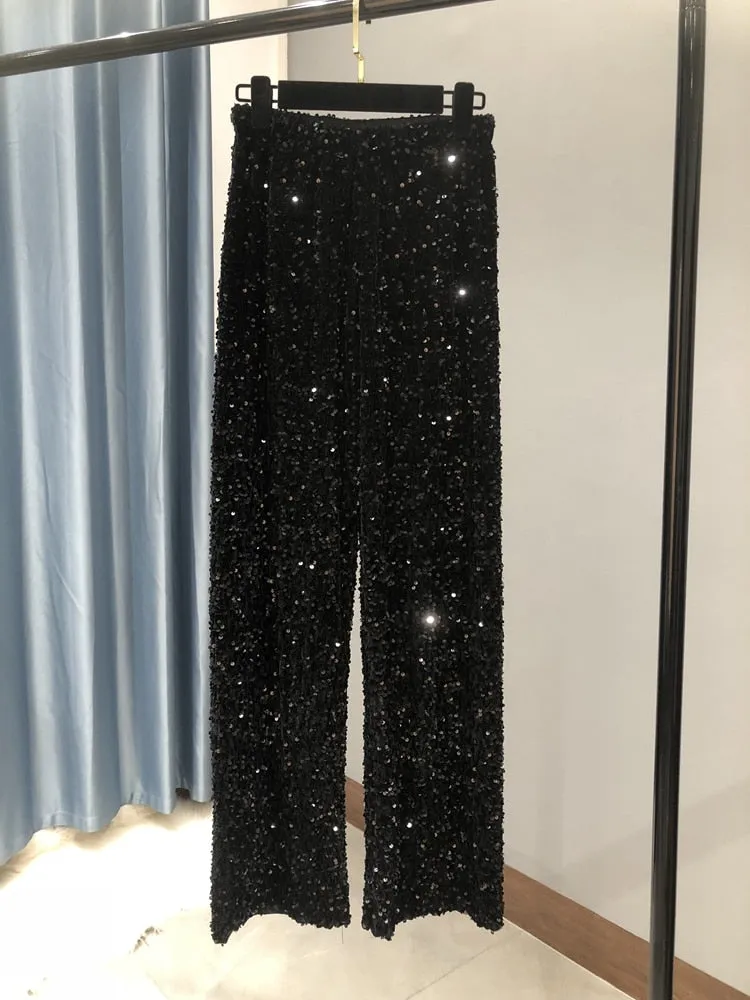 Embroidered high waist sparkly sequin wide leg pants