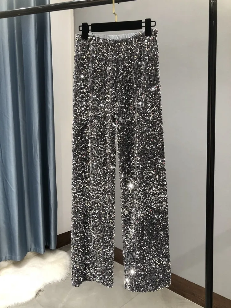 Embroidered high waist sparkly sequin wide leg pants