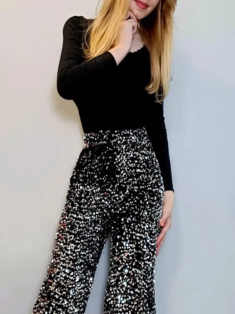 Embroidered high waist sparkly sequin wide leg pants