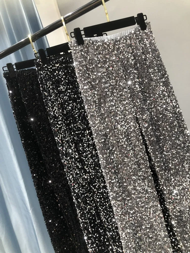 Embroidered high waist sparkly sequin wide leg pants