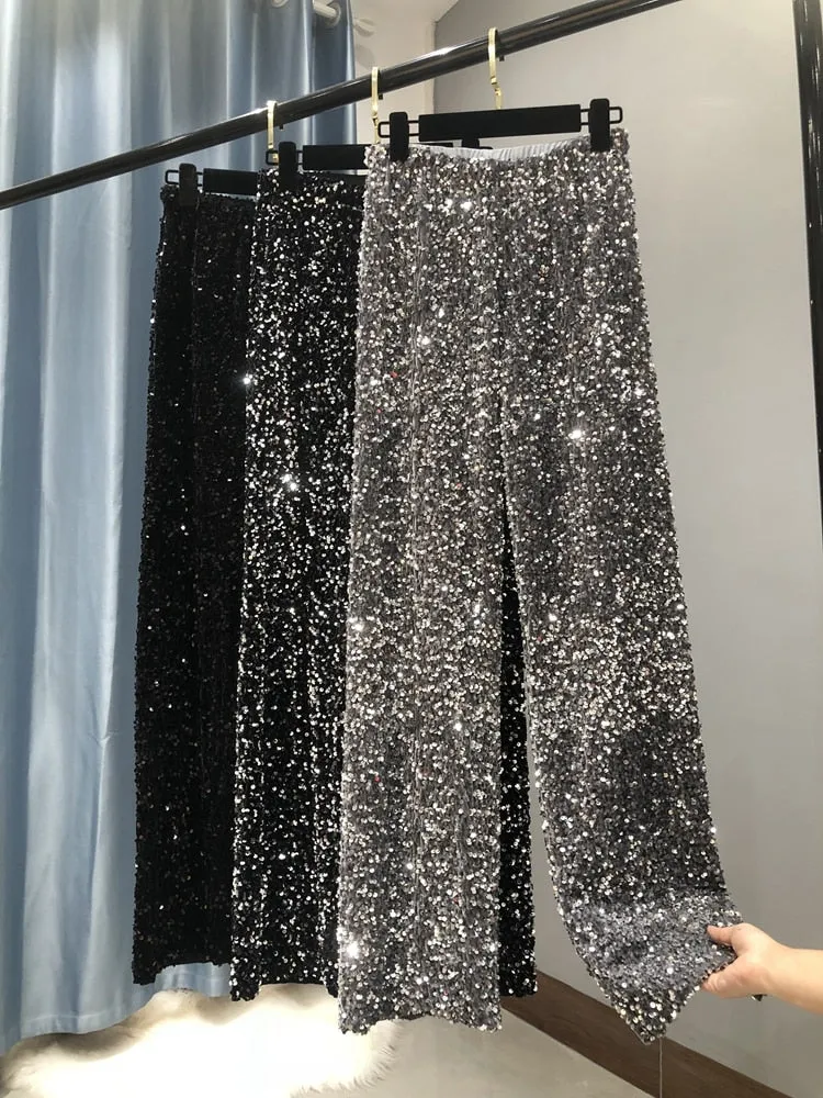 Embroidered high waist sparkly sequin wide leg pants