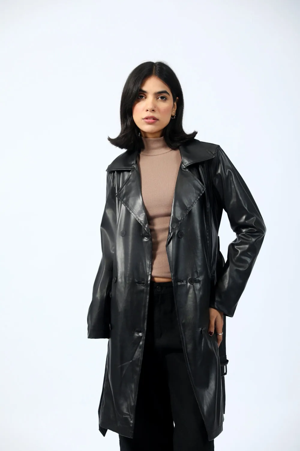 FAUX LEATHER TRENCH COAT